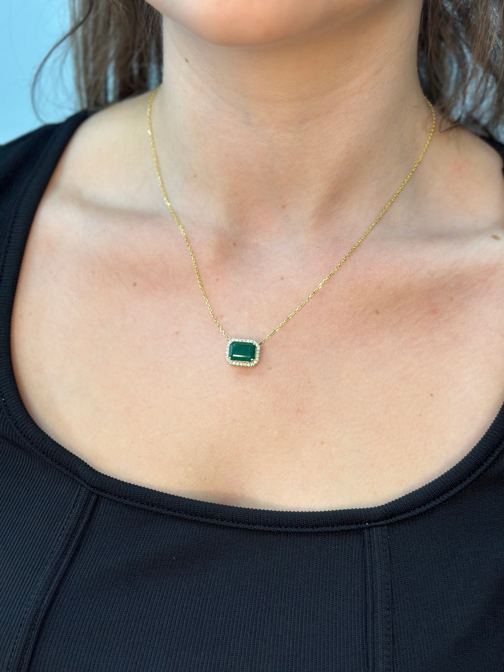 3.10CT Emerald Cut Emerald & Diamond Halo Pendant, Model Neck