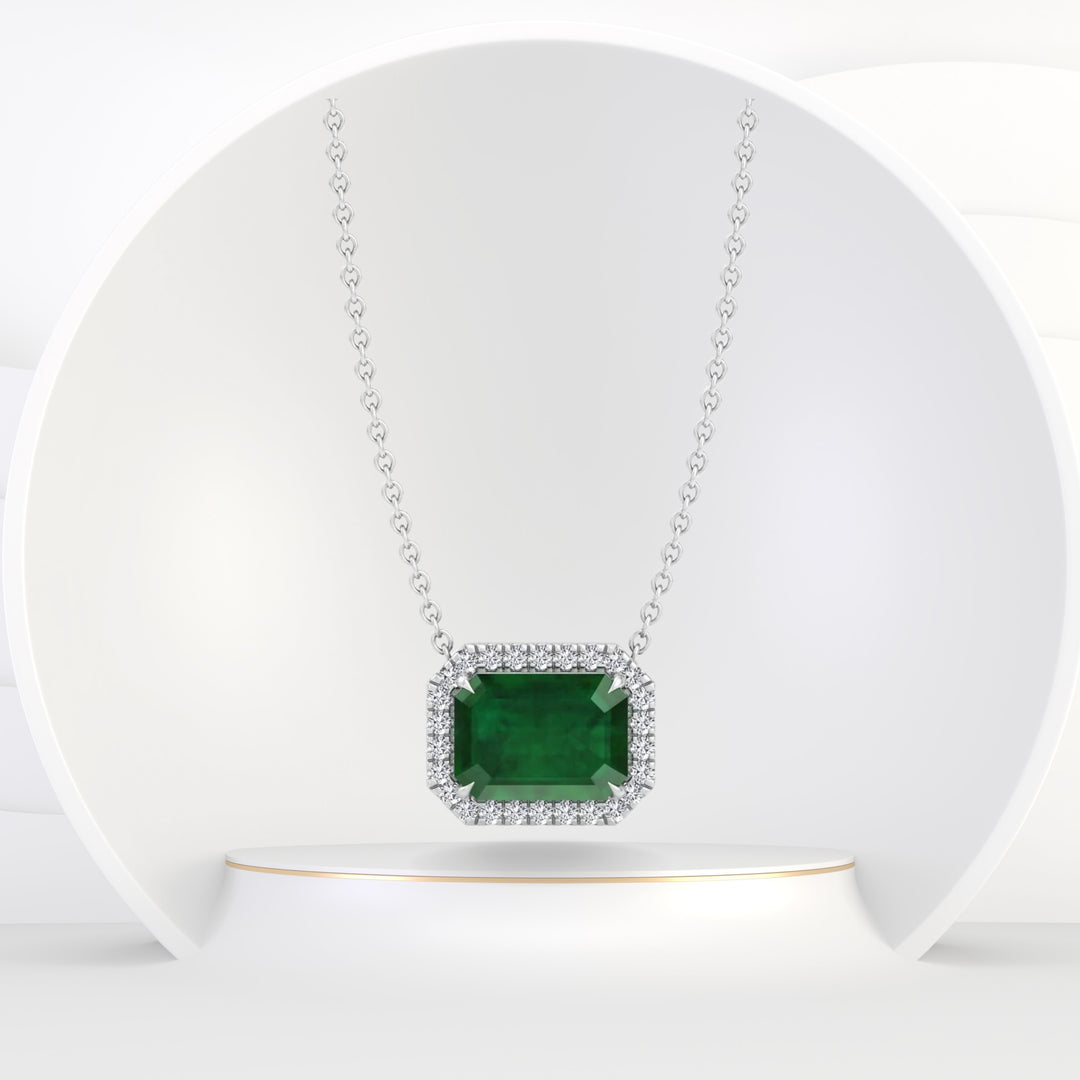 3.10CT T.W. Emerald Cut Green Emerald & Diamond Halo Pendant