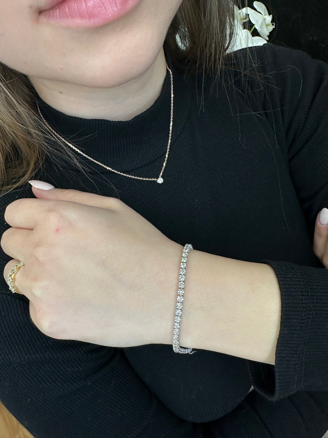  3.45CT Tennis Bracelet in 14k Solid Gold, on hand