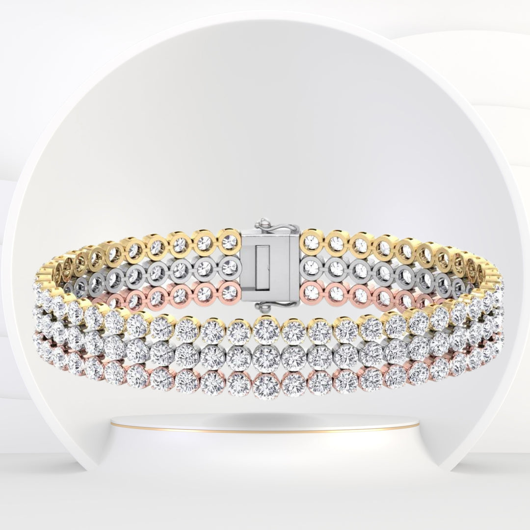 Renzo - 7.10CT TW Triple Row Graduated Natural Diamond Tennis Bracelet ( Tri-Color) - Gem Jewelers Co