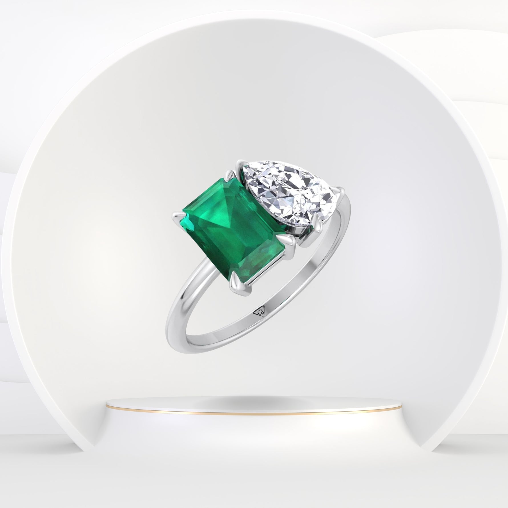Demi - Toi et Moi Green Emerald & Pear Cut Diamond Engagement Ring - Gem Jewelers Co