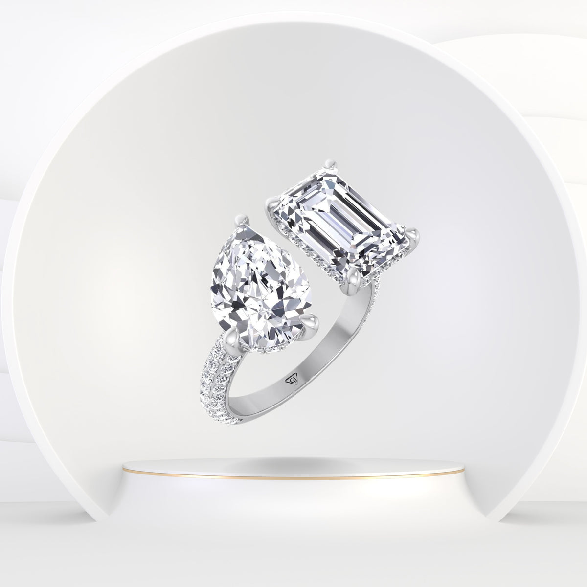 Leani - Toi Et Moi Hidden Halo Emerald and Pear Shape Diamond Engagement Ring - Gem Jewelers Co