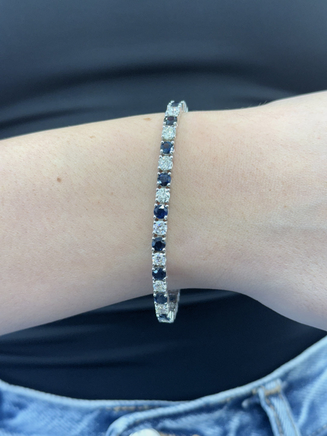 Alternating Natural Diamond & Sapphire Tennis Bracelet 18K Solid Gold