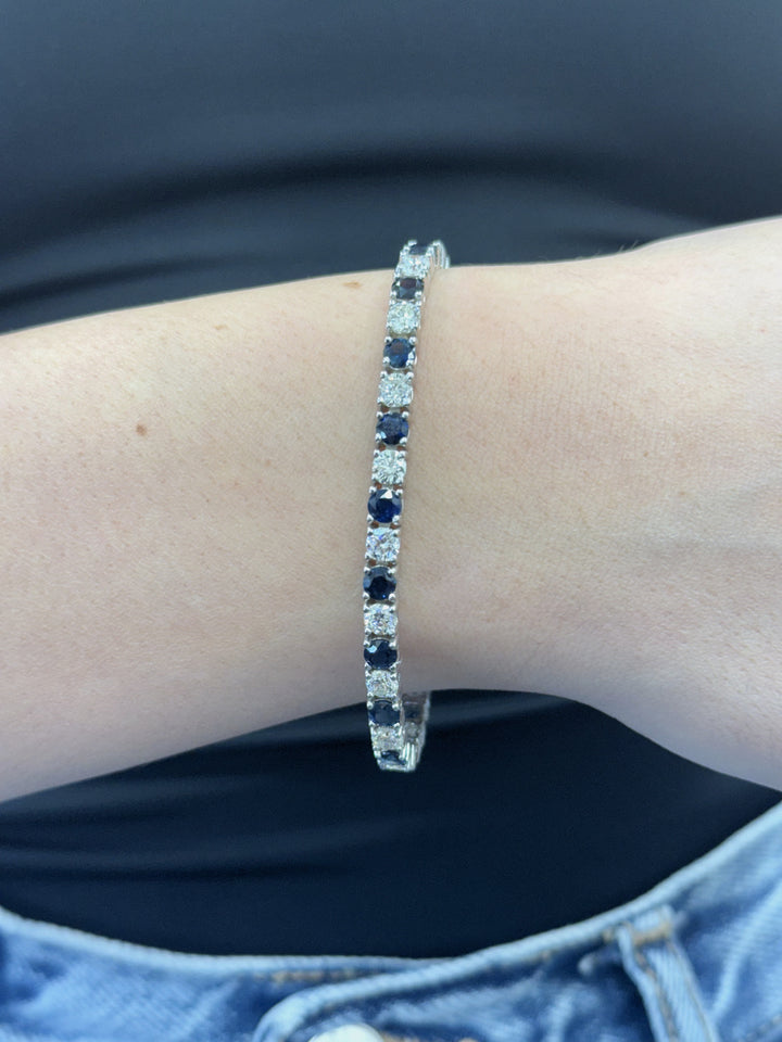 Alternating Natural Diamond & Sapphire Tennis Bracelet 14K Solid Gold