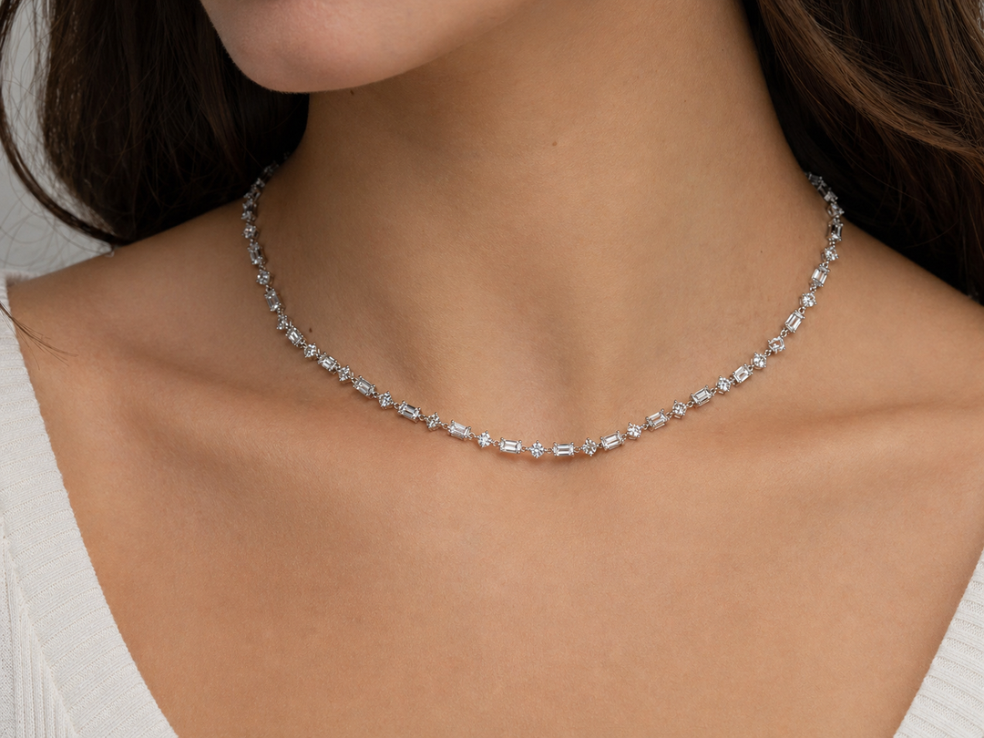 Alternating Emerald and Round Natural Diamond Tennis Necklace