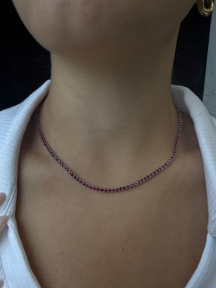 Round Cut Natural Red Ruby Tennis Necklace 14K Solid Gold