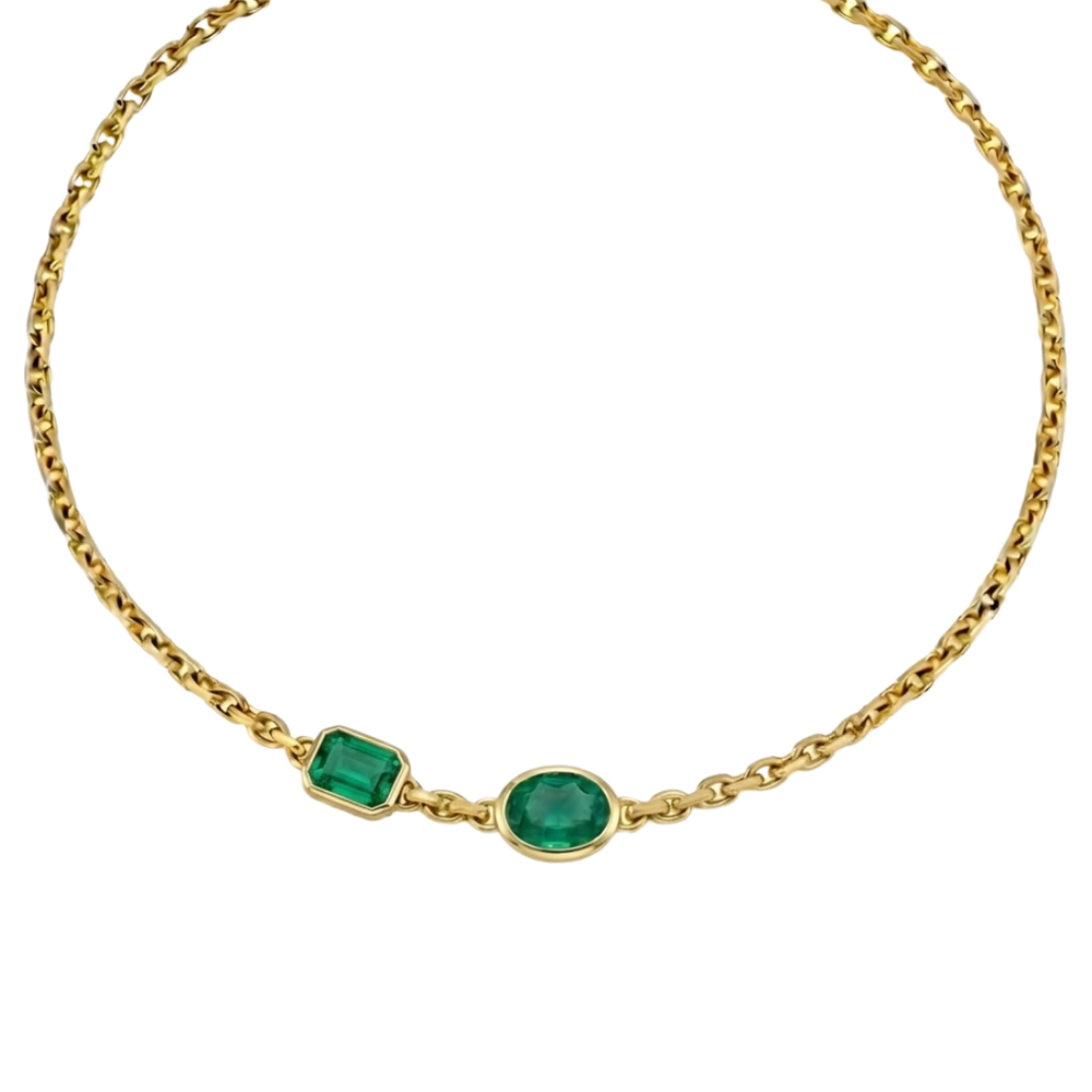 Natural Green Emerald Oval and Emerald Shape Chain Necklace 14K Gold