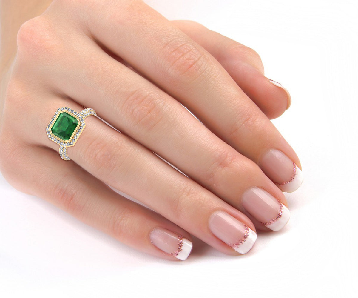 Natural Green Emerald Halo Engagement Ring With Pave Band YG lifestyle