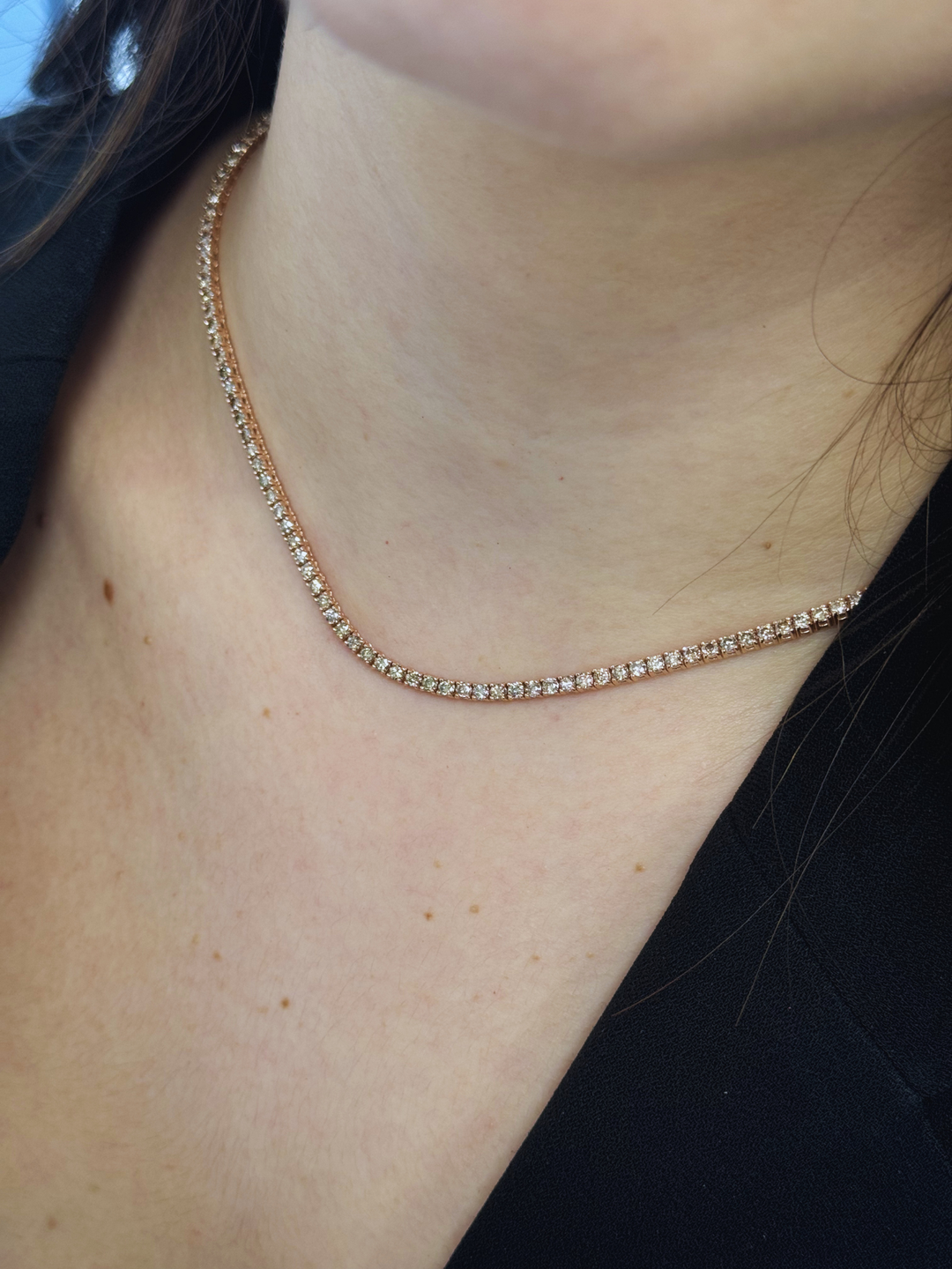 4 Prong Champagne Diamond Tennis Necklace 18K Solid Gold