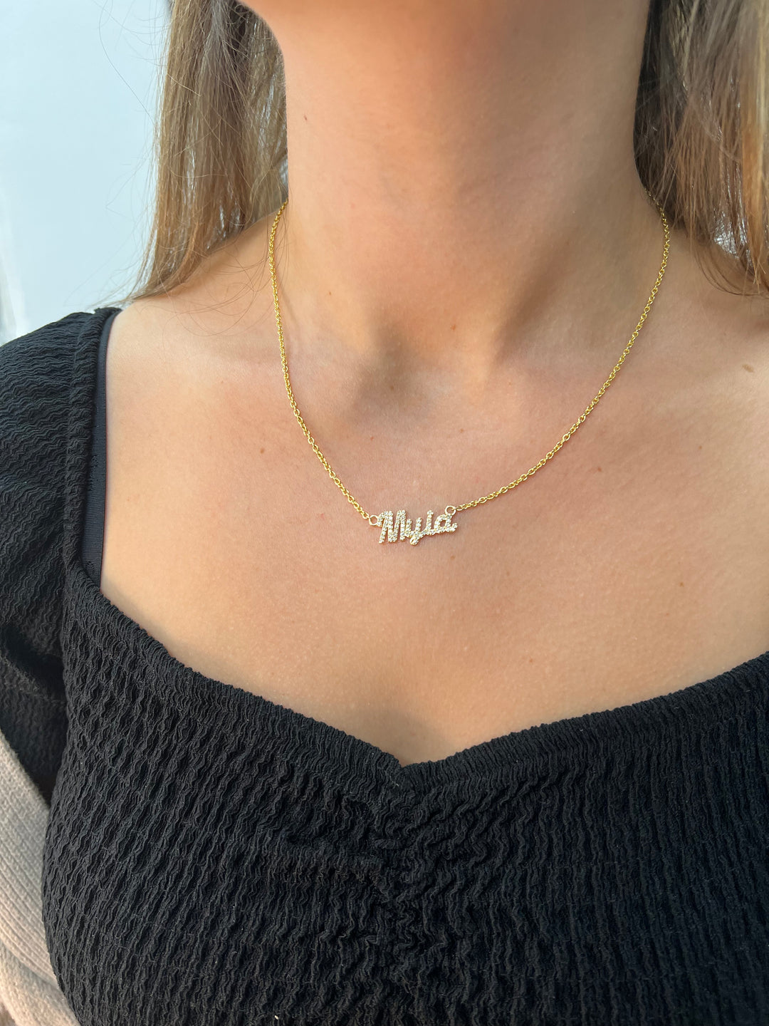 3/4CT Custom Diamond Name Necklace, Yellow Gold, On Neck
