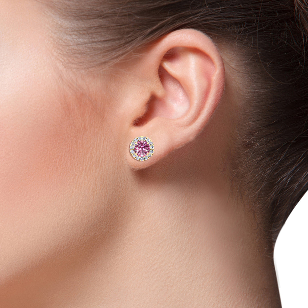 Round Shape Natural Pink Sapphire & Diamond Halo Studs