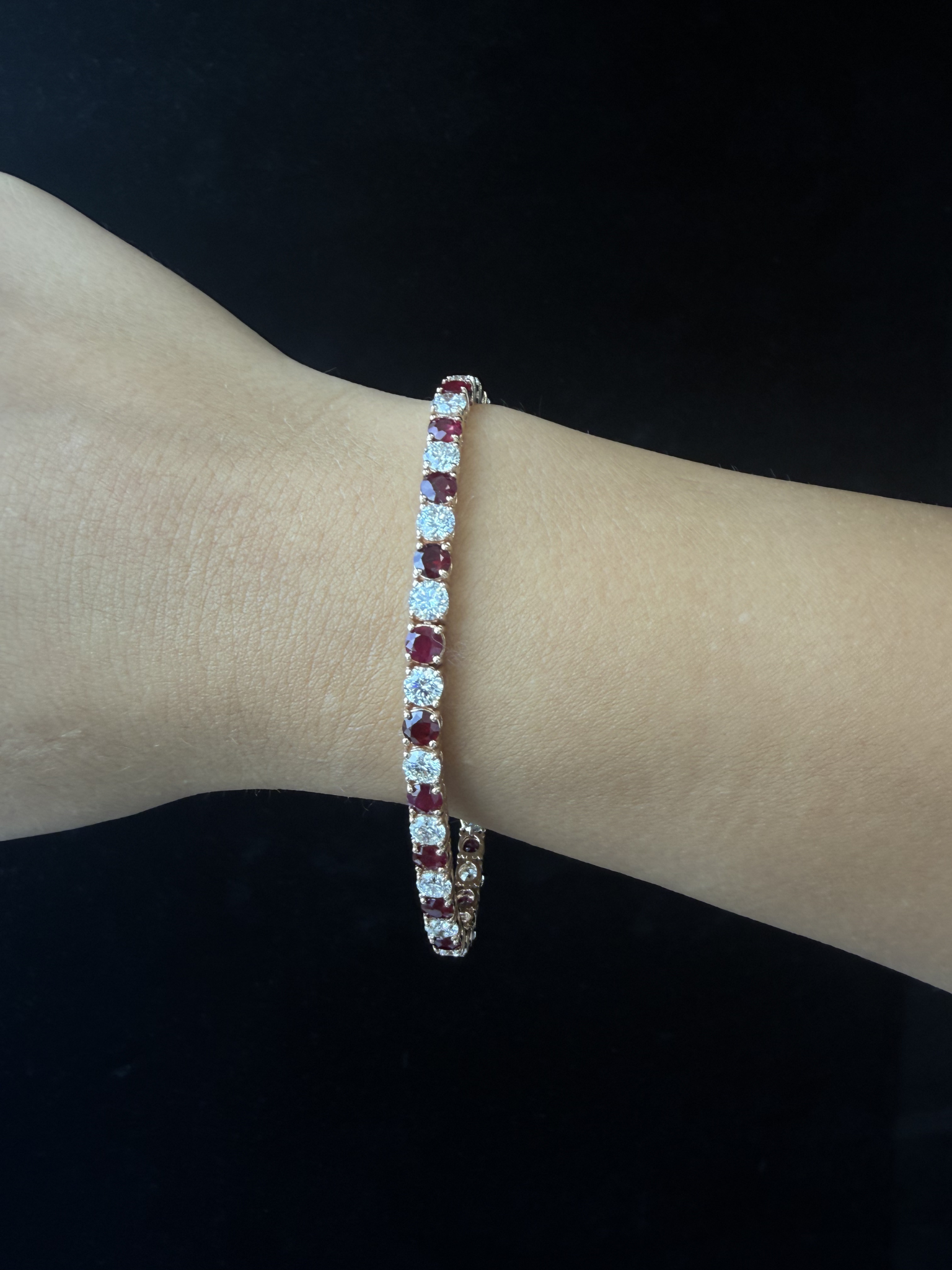 Natural Diamond & Red Ruby Tennis Bracelet 18K Solid Gold Lifestyle 2