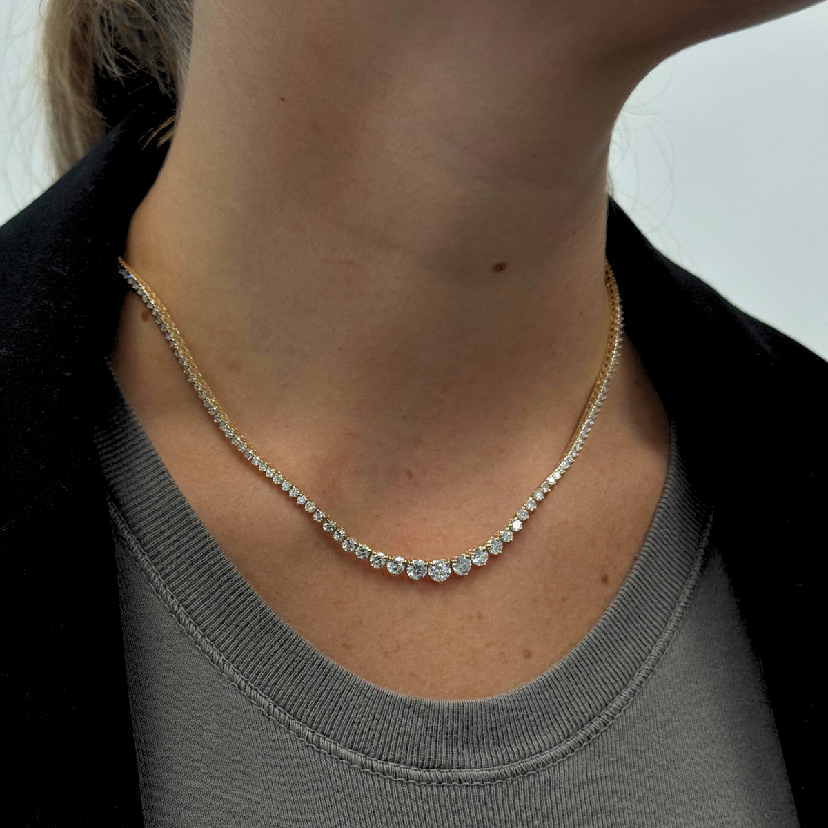 3-Prong Riviera Graduated Natural Diamond Tennis Necklace 14K Solid Gold