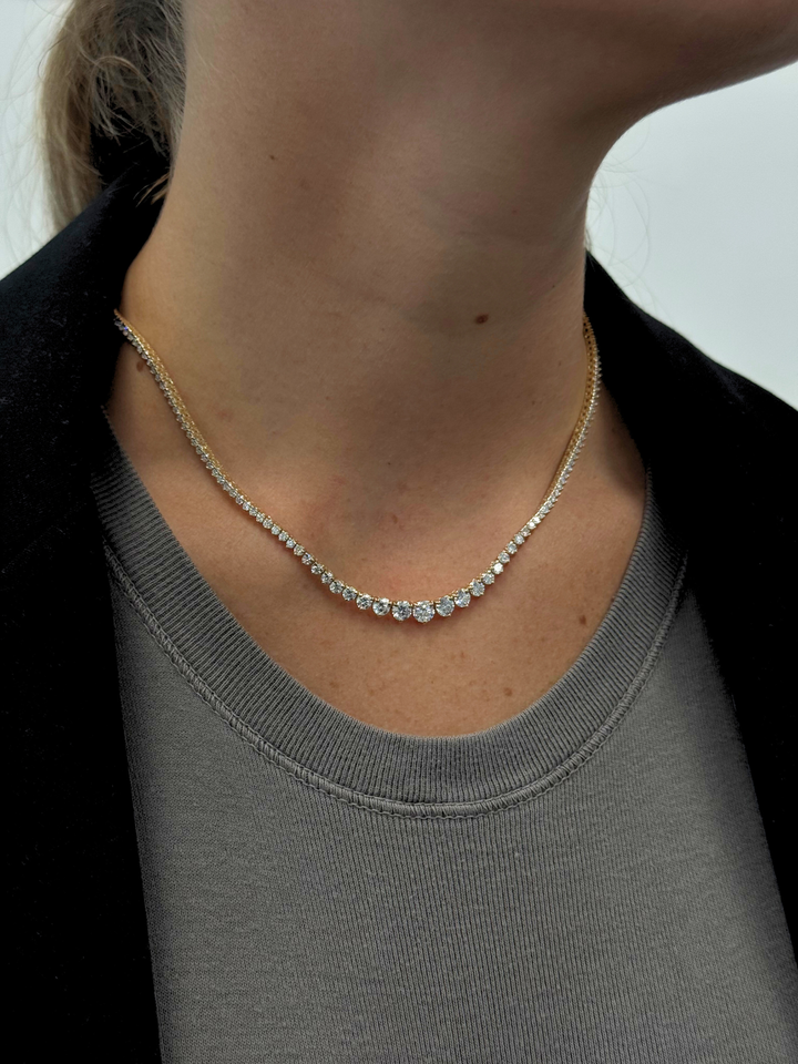 3-Prong Riviera Graduated Natural Diamond Tennis Necklace 14K Solid Gold