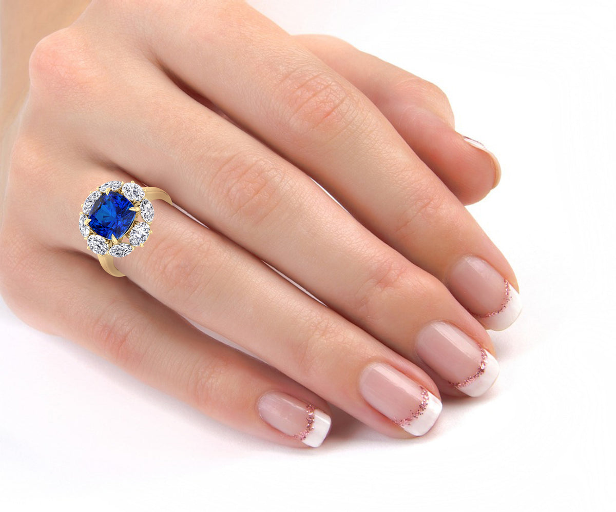 Valeria - Cushion Shape Blue Sapphire Engagement Ring With Oval and Marquise Diamond Side Stones - Gem Jewelers Co