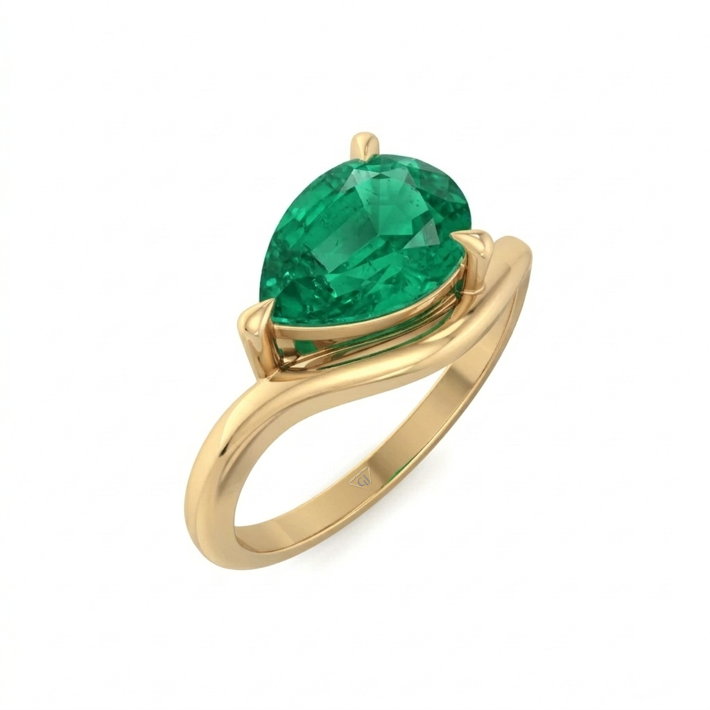 Natural Green Emerald Pear Shape Pinky Ring Yellow Gold 18K