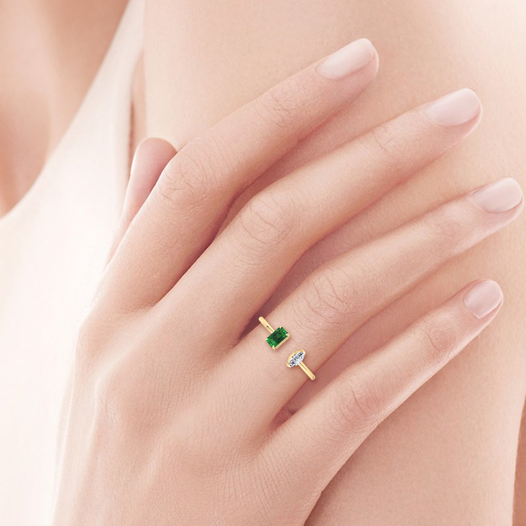 Zaria - Green Emerald & Marquise Shape Diamond Stackable Ring