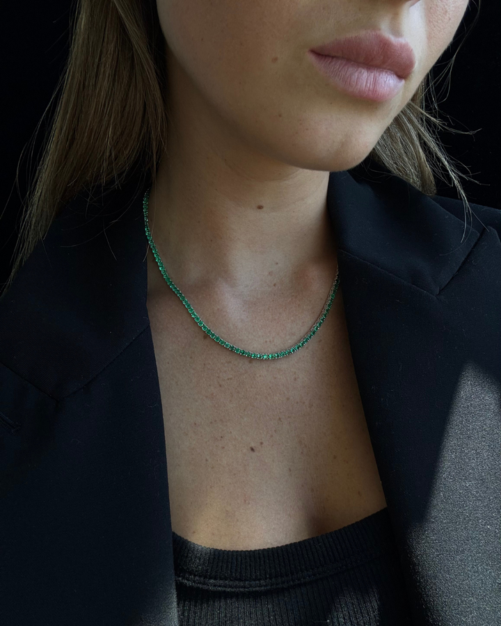 Natural Green Emerald Tennis Necklace 18K Solid Gold