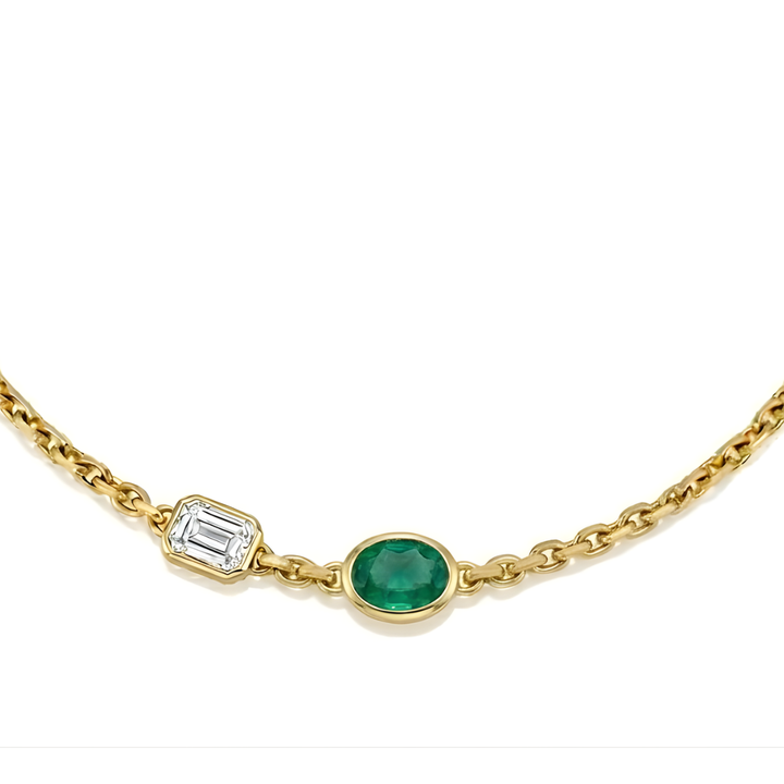 Natural Green Emerald and Diamond Chain Necklace Yellow