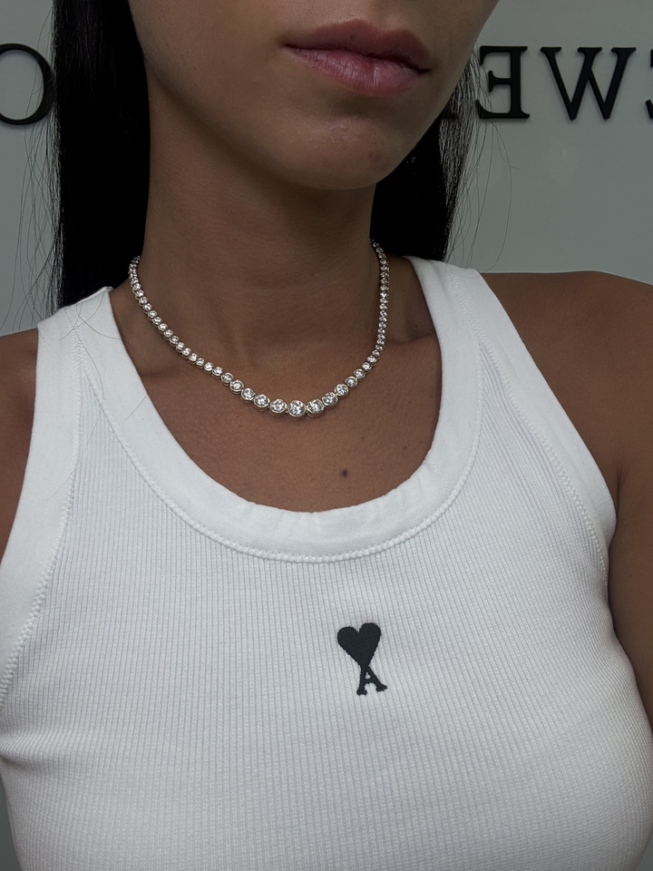 Bezel Set Graduated Natural Diamond Tennis Necklace 18K Solid Gold
