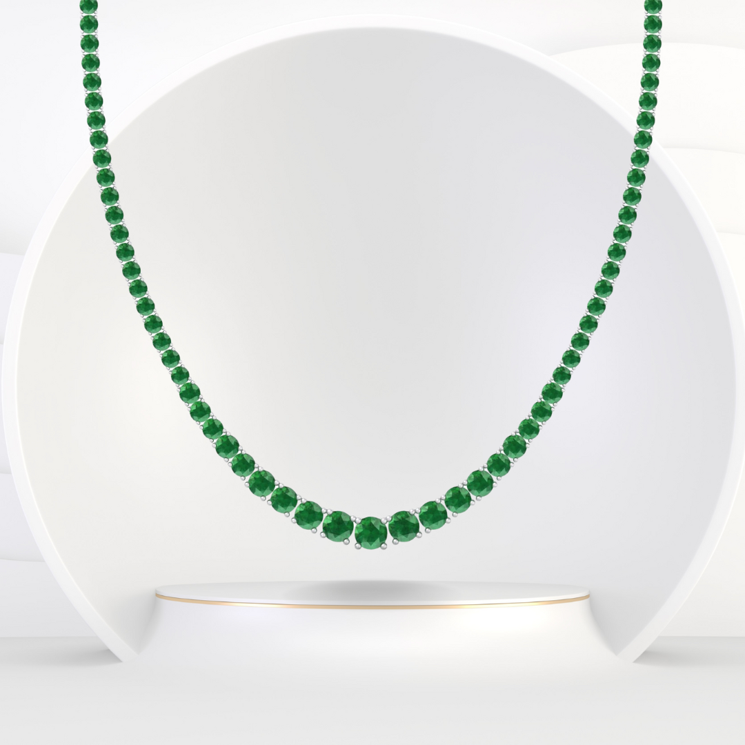 4 Prong Graduated Natural Green Emerald Tennis Necklace