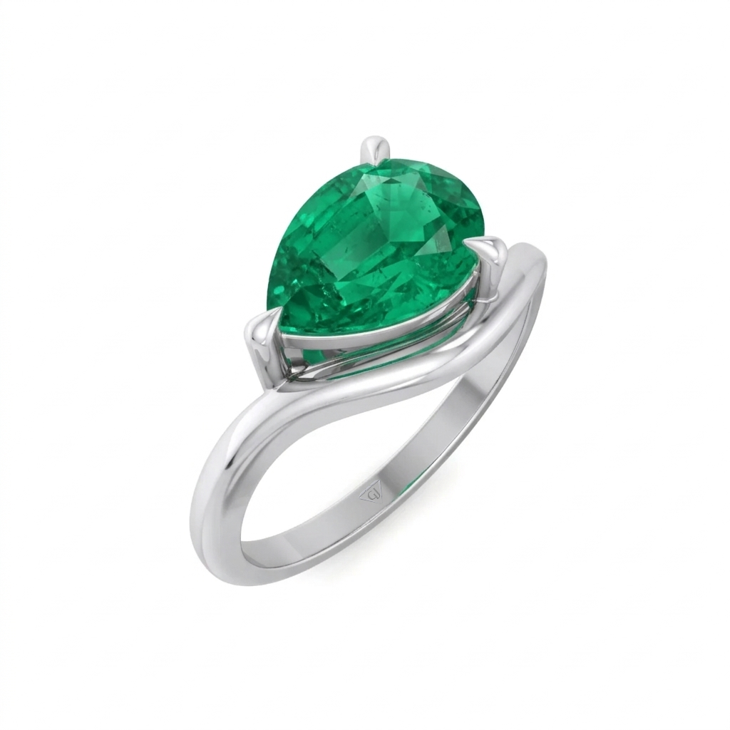 Natural Green Emerald Pear Shape Pinky Ring White Gold 18K