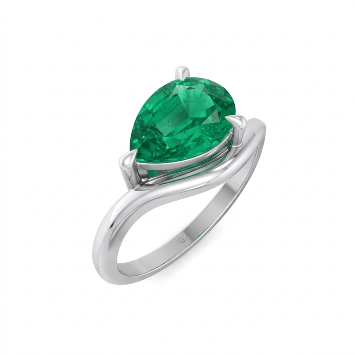 Natural Green Emerald Pear Shape Pinky Ring White Gold 18K