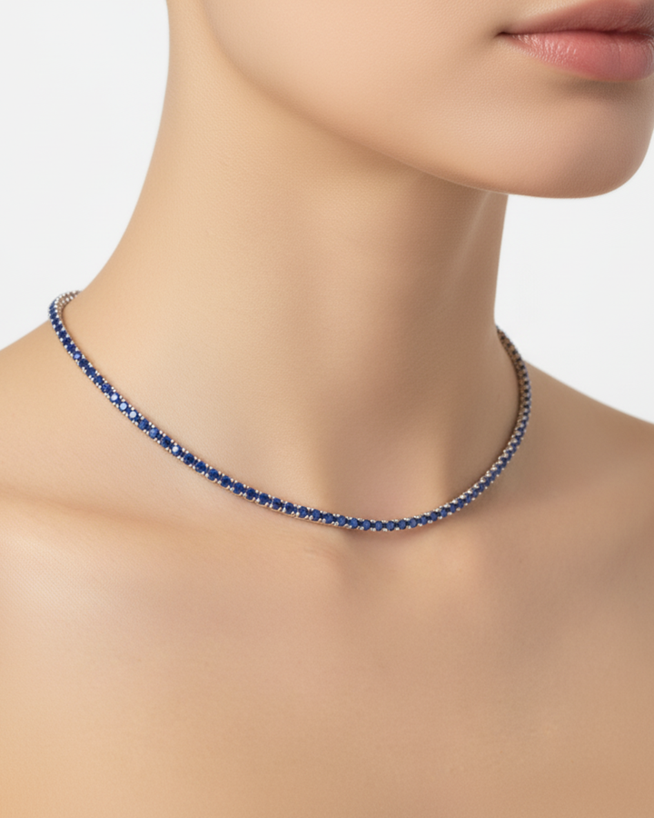 Round Cut Natural Blue Sapphire Tennis Necklace