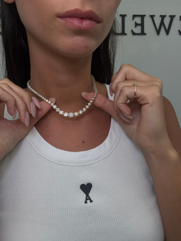 Bezel Set Graduated Natural Diamond Tennis Necklace 14K Solid Gold