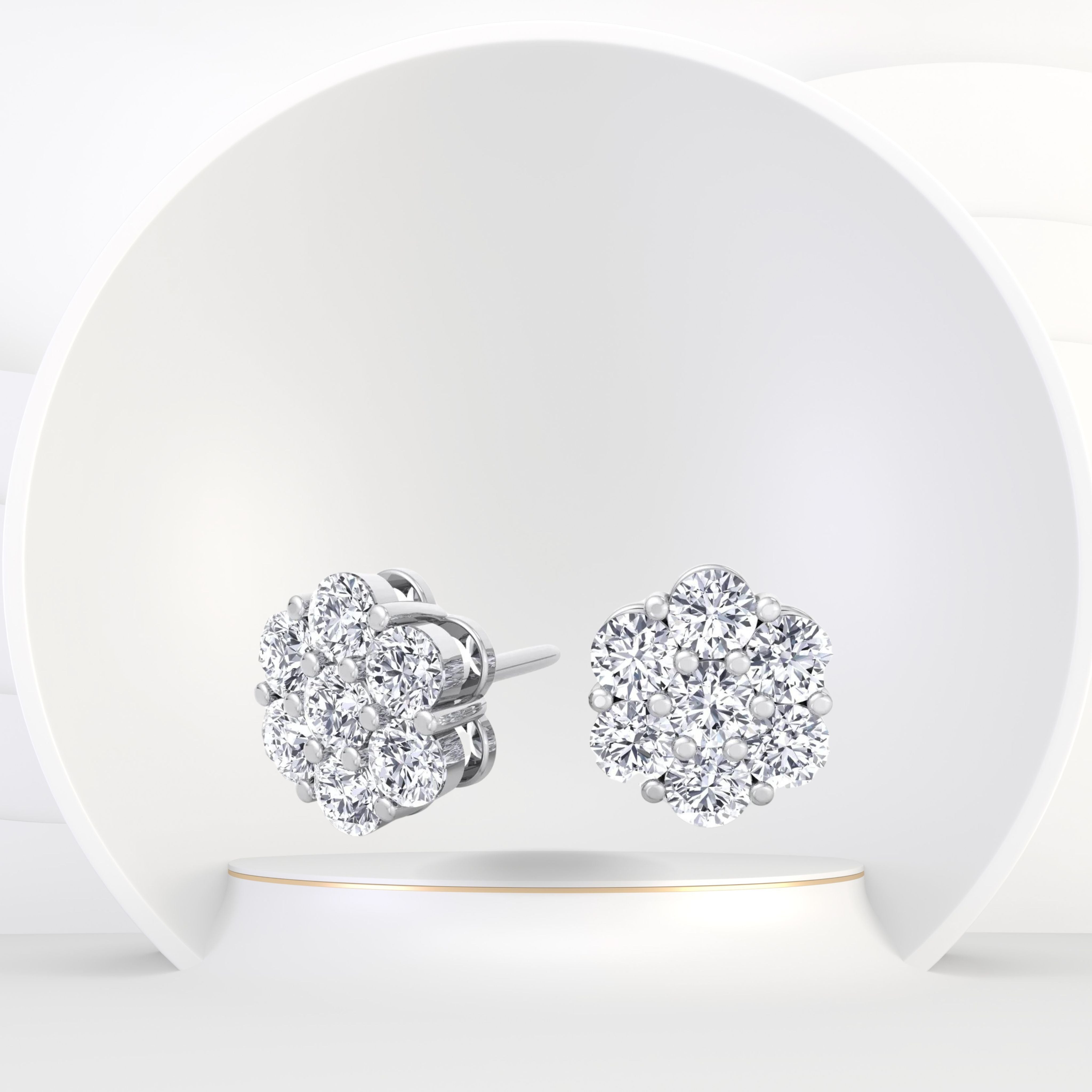 White Gold Diamond Flower Cluster Stud Earrings Unisex