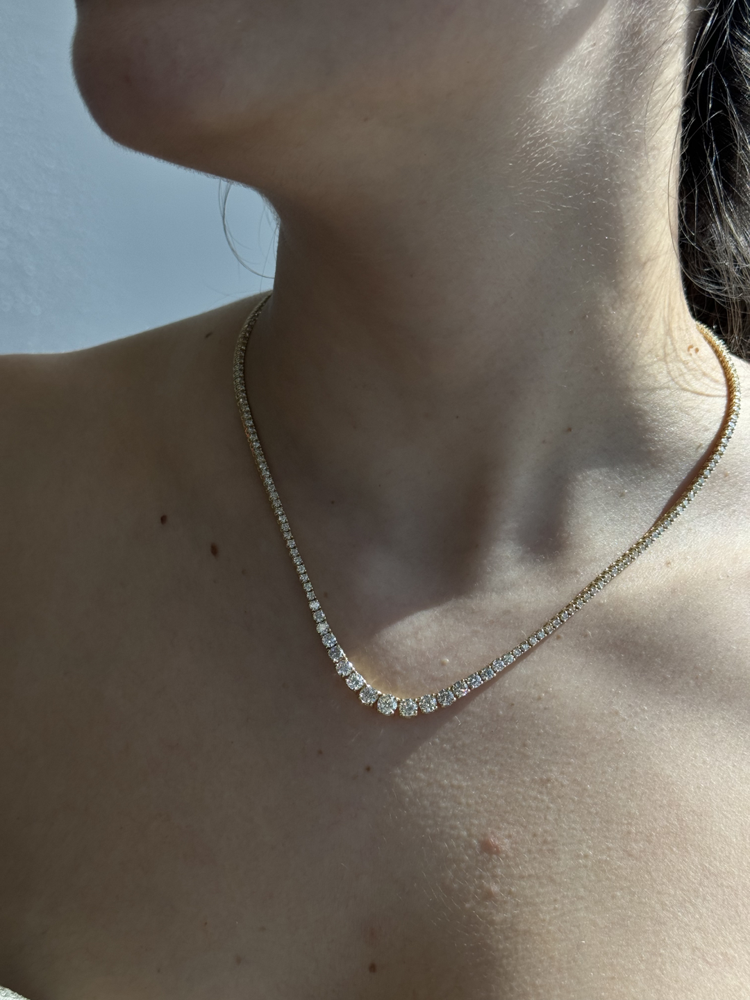 4 Prong Graduated Natural Diamond Tennis Necklace 14K Solid Gold