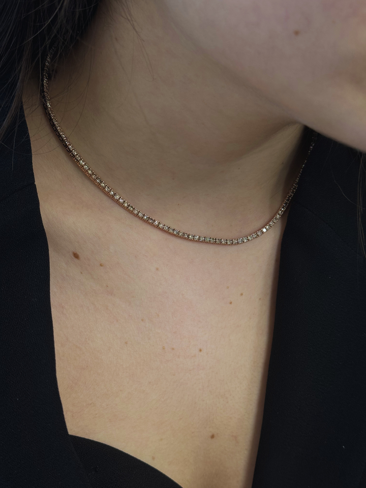 4 Prong Champagne Diamond Tennis Necklace 14K Solid Gold