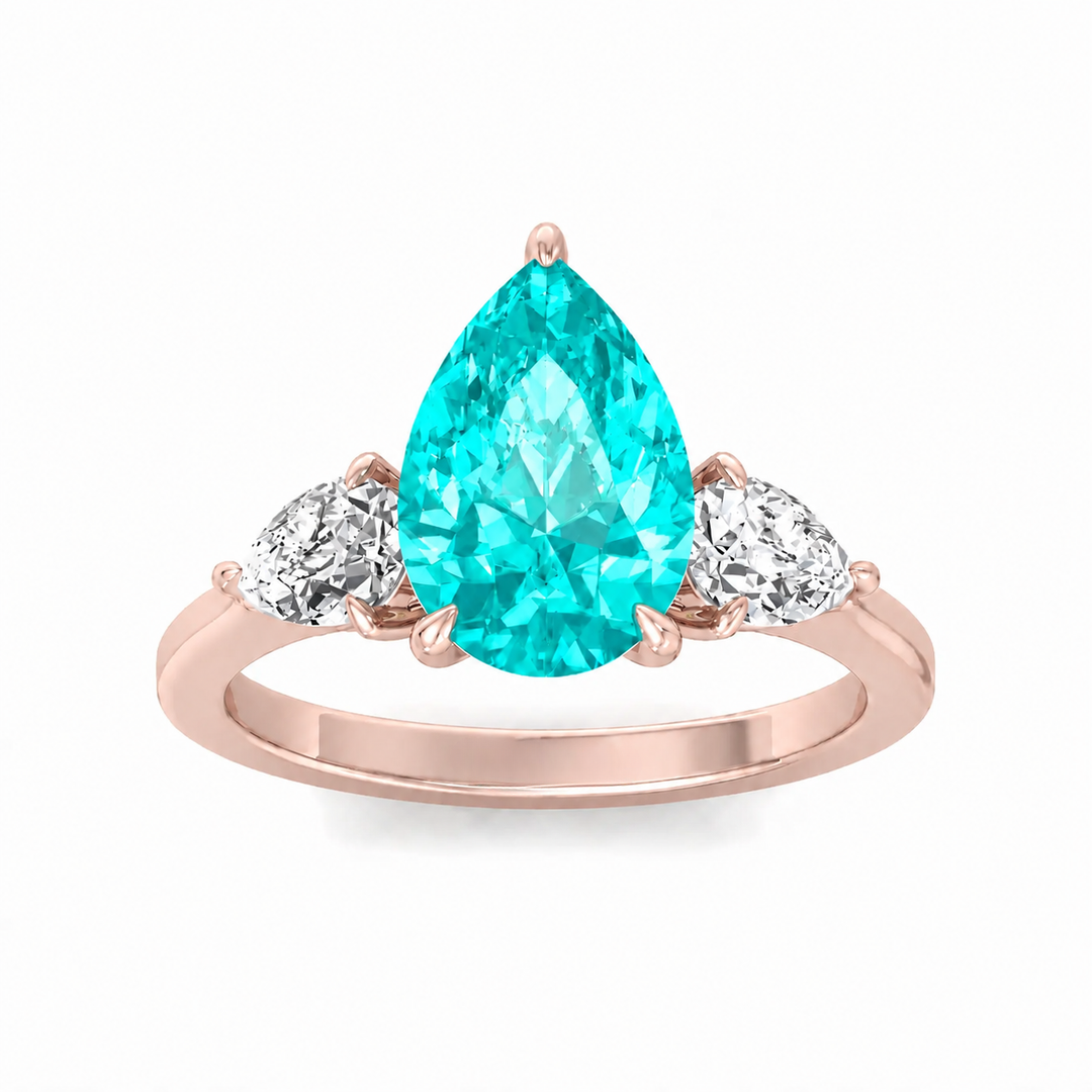 Pear Shape Natural Paraiba Tourmaline Ring with Pear Sidestones Rose 1