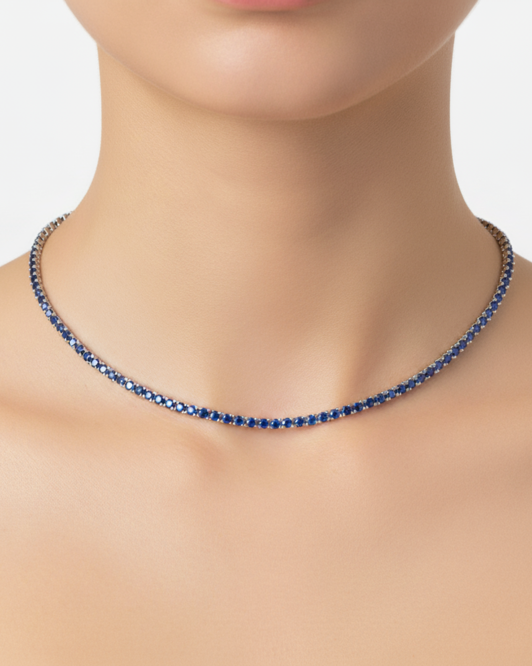 Round Cut Natural Blue Sapphire Tennis Necklace