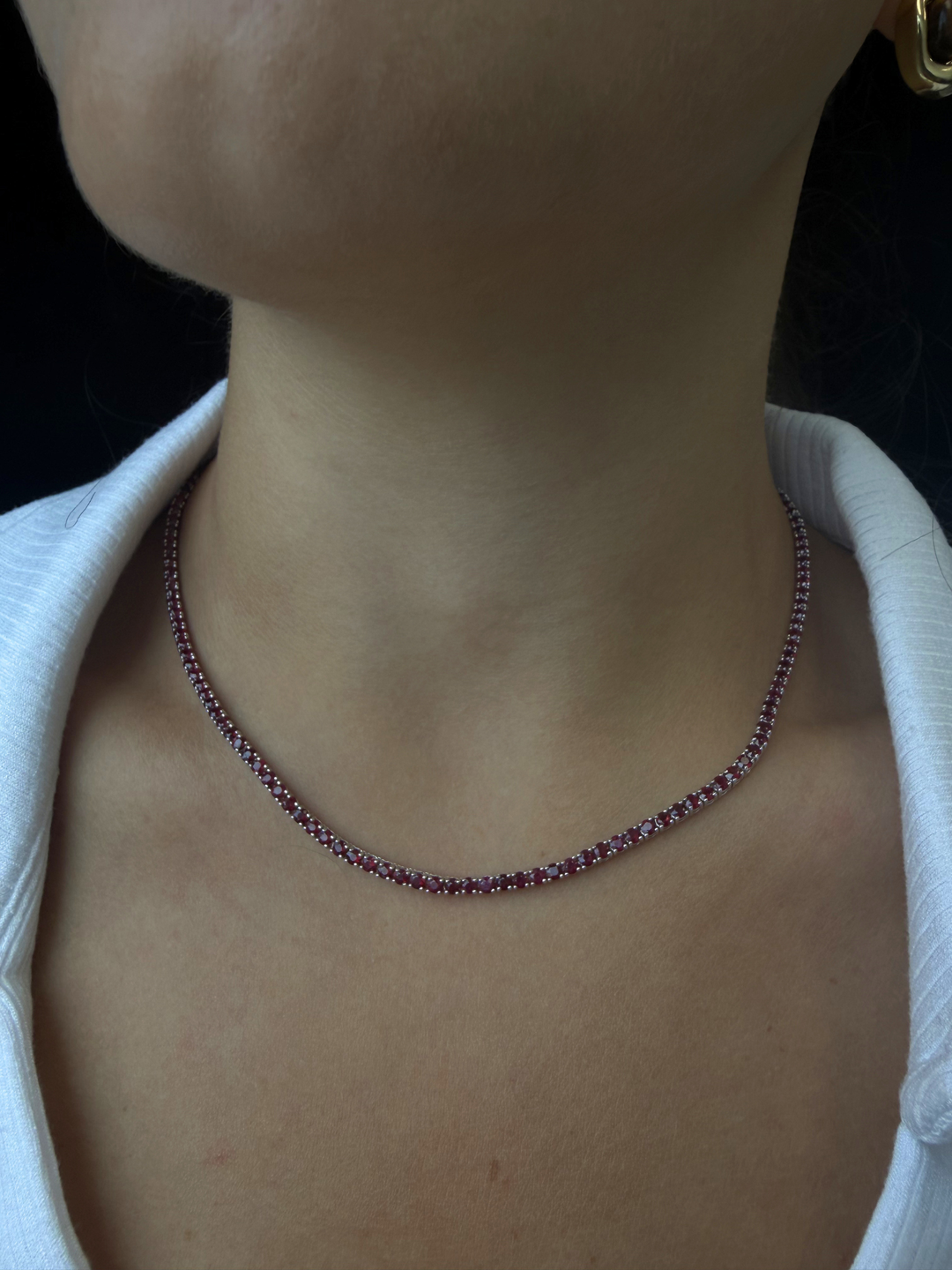Round Cut Natural Red Ruby Tennis Necklace 18K Solid Gold