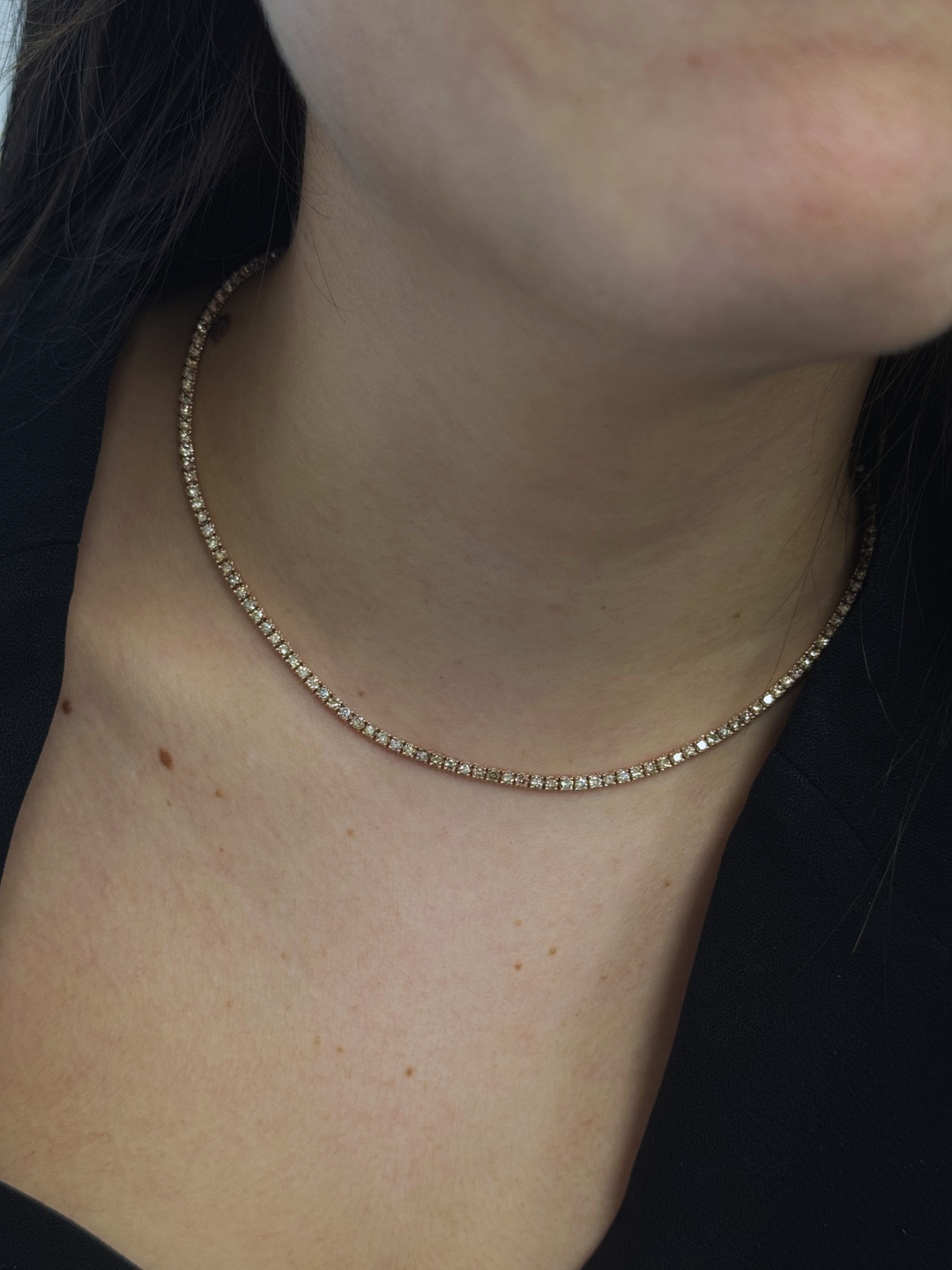 4 Prong Champagne Diamond Tennis Necklace 18K Solid Gold