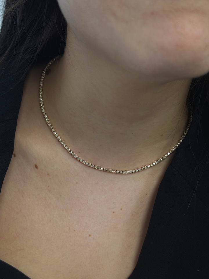 4 Prong Champagne Diamond Tennis Necklace 18K Solid Gold