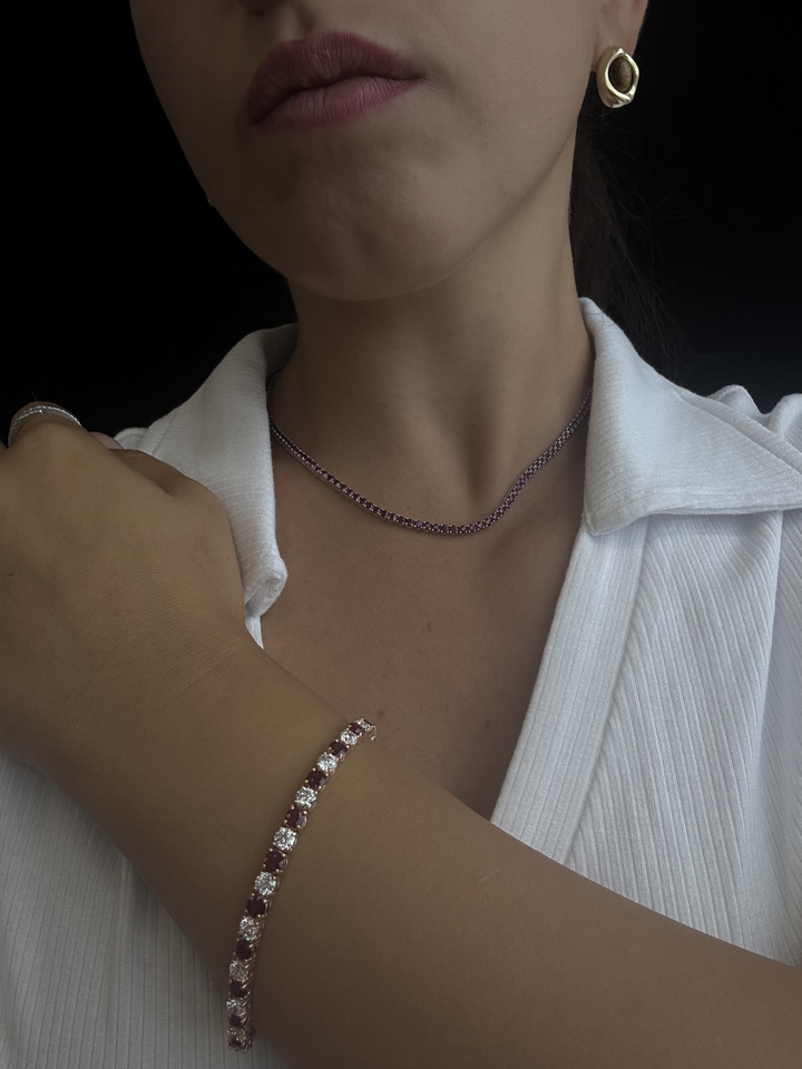 Natural Diamond & Red Ruby Tennis Bracelet 18K Solid Gold