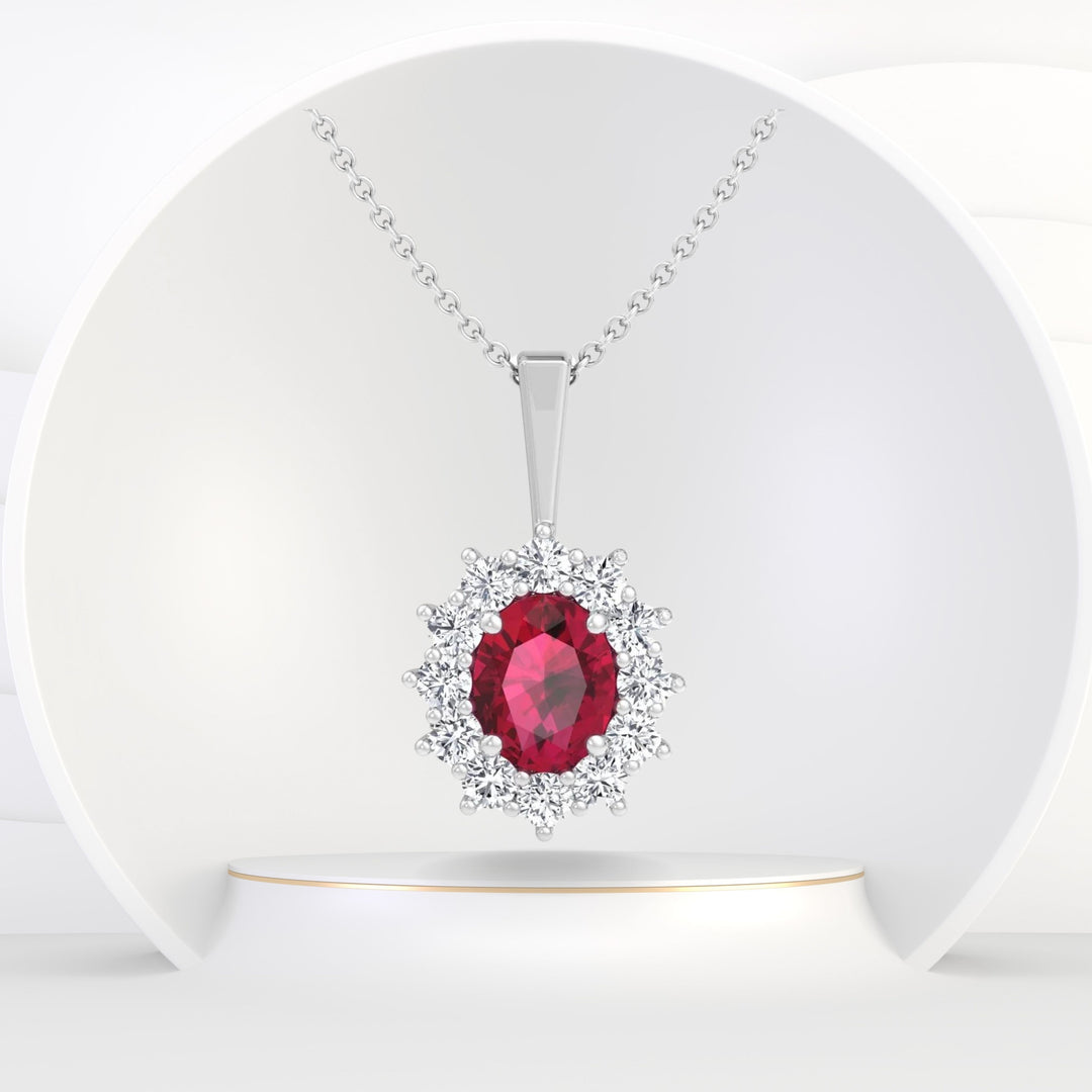 Burma - 3.5CT Oval Ruby and Round Diamond Pendant Necklace - Gem Jewelers Co