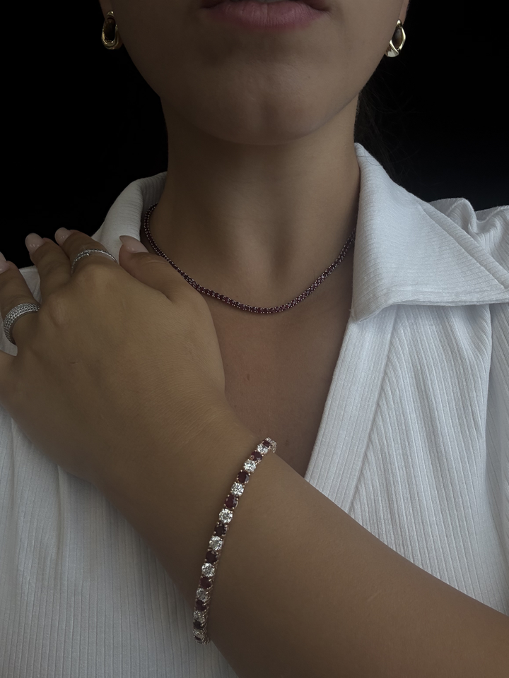 Natural Diamond & Red Ruby Tennis Bracelet 14K Solid Gold