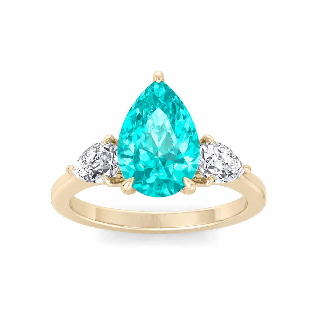 Pear Shape Natural Paraiba Tourmaline Ring with Pear Sidestones Gold 1