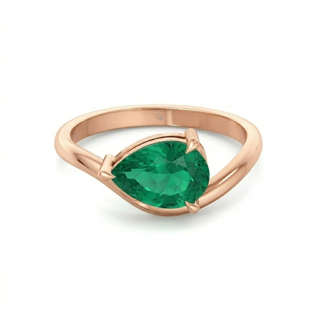Natural Green Emerald Pear Shape Pinky Ring Rose Gold 14K