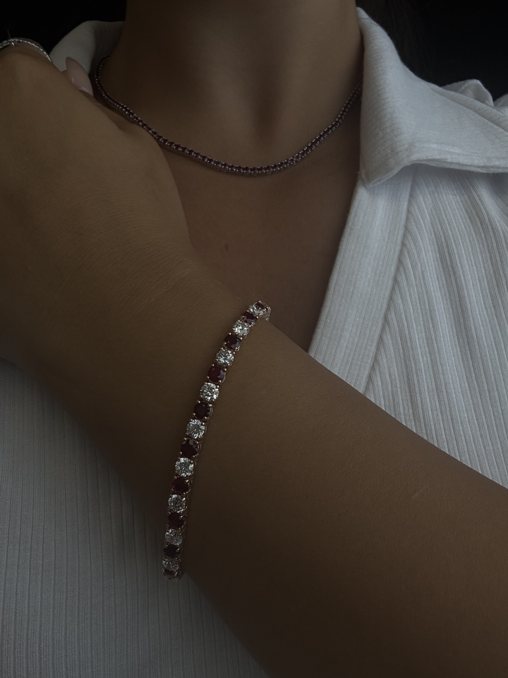 Natural Diamond & Red Ruby Tennis Bracelet 18K Solid Gold
