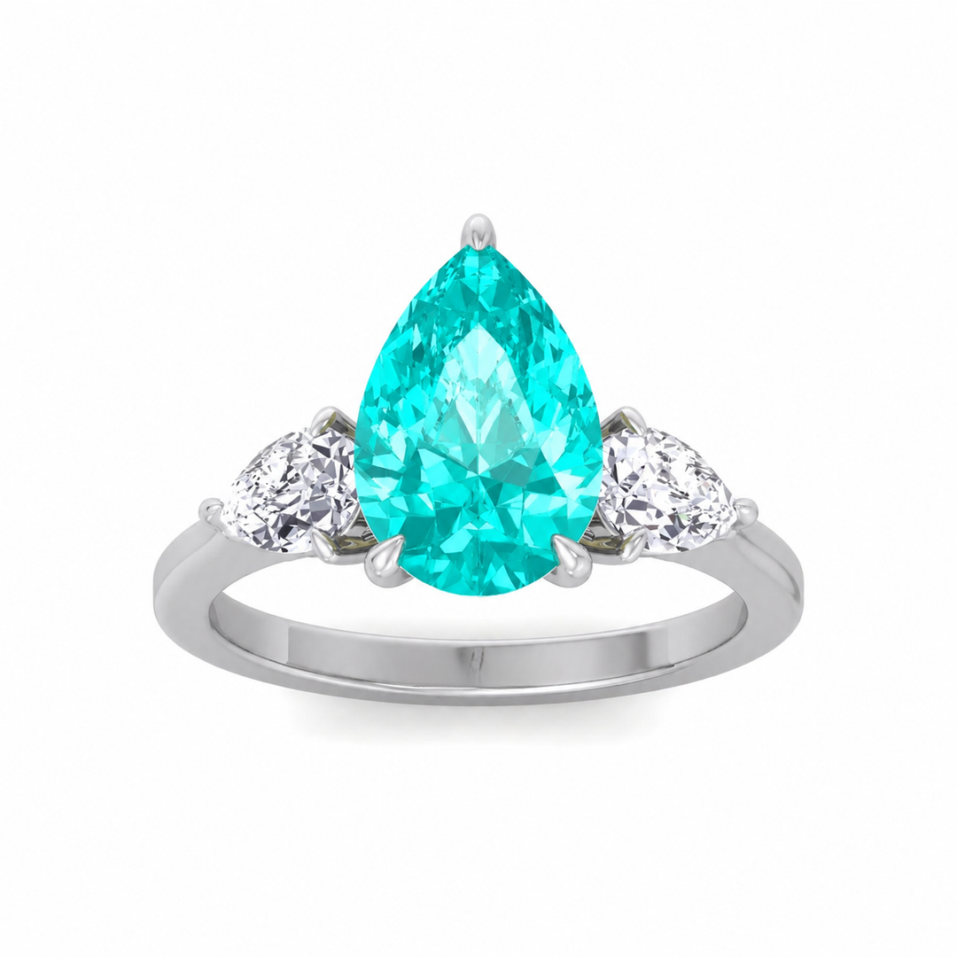 Pear Shape Natural Paraiba Tourmaline Ring with Pear Sidestones White 1