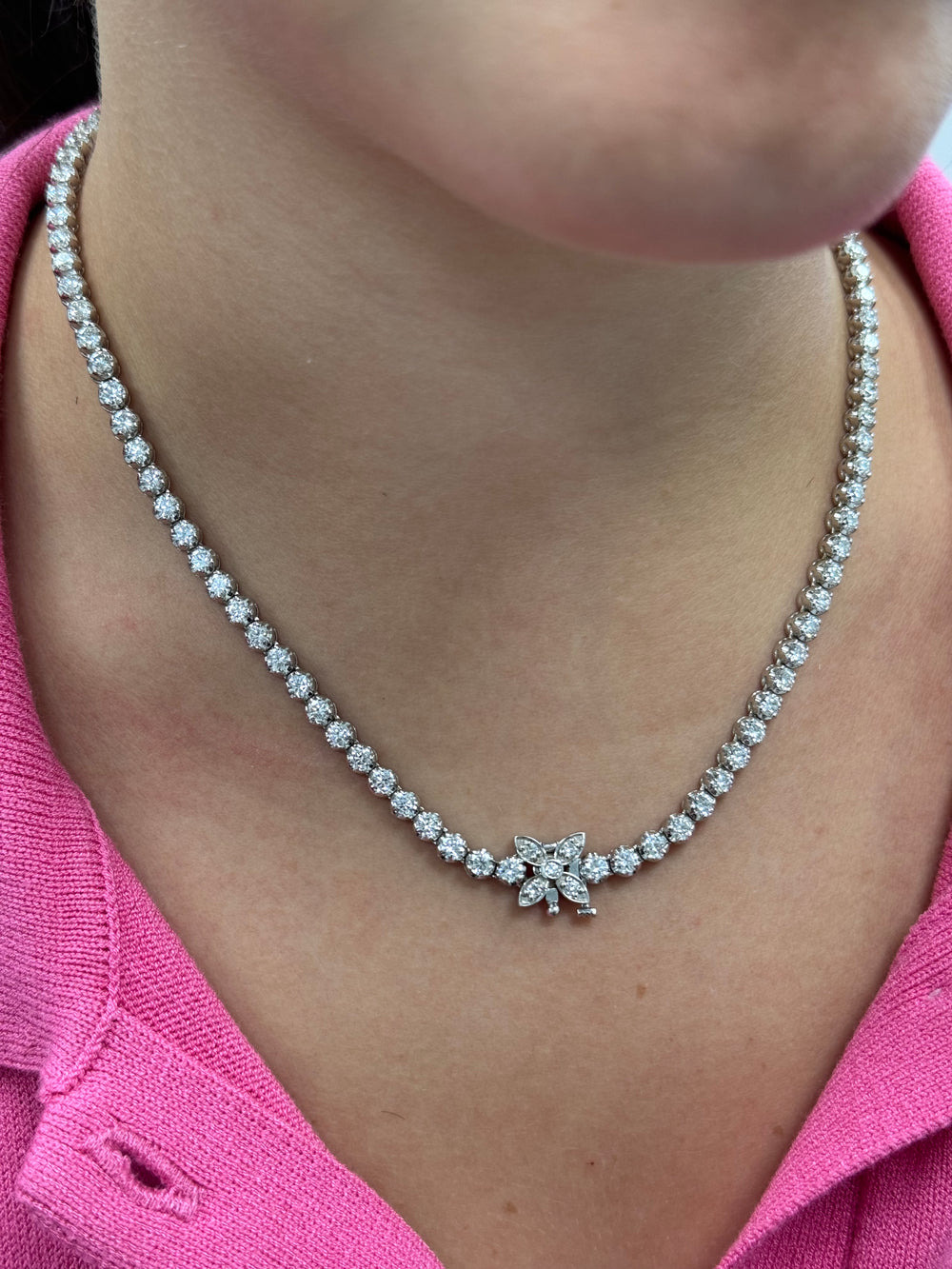 8CT Custom Flower Natural Diamond Tennis Necklace