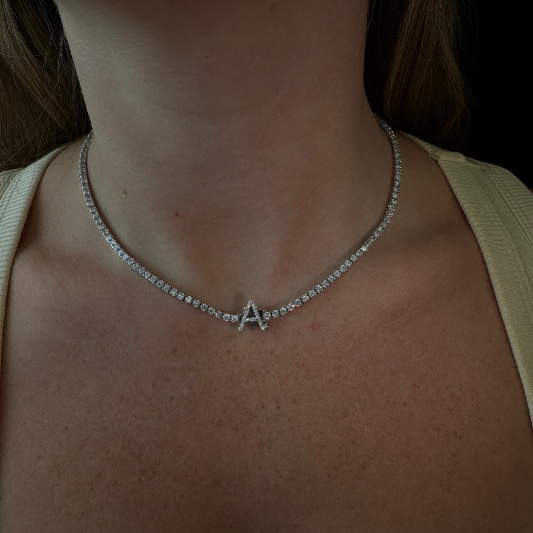 8CT Custom Initial A Natural Diamond Tennis Necklace