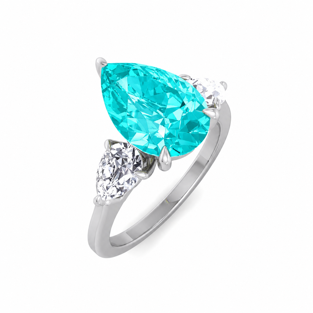 Pear Shape Natural Paraiba Tourmaline Ring with Pear Sidestones White