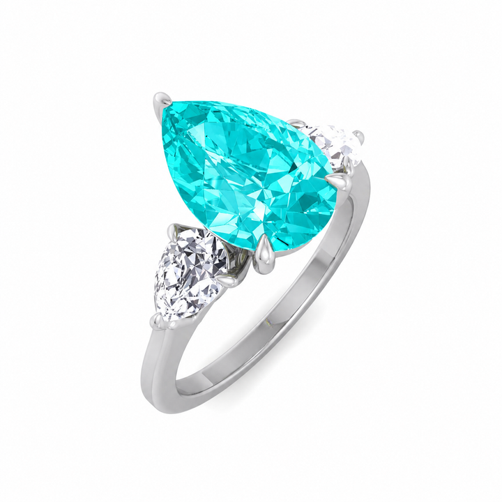 Pear Shape Natural Paraiba Tourmaline Ring with Pear Sidestones White