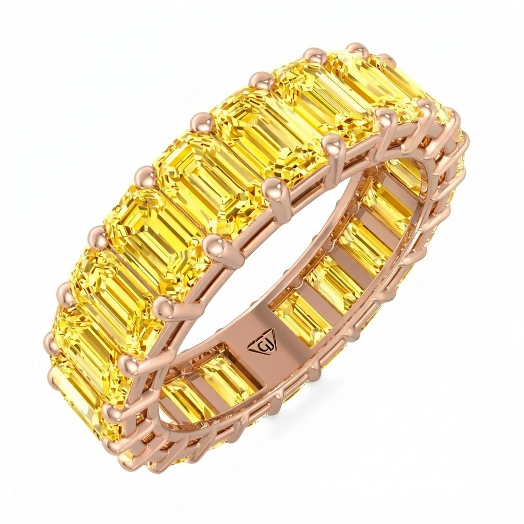 Emerald Shape Natural Fancy Yellow Diamond Eternity Band Yellow Gold 14K