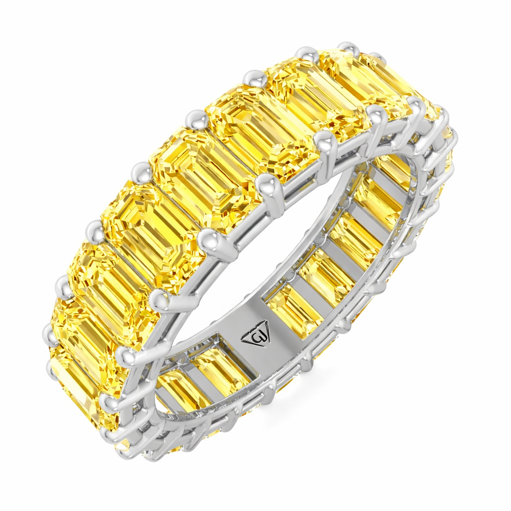 Emerald Shape Natural Fancy Yellow Diamond Eternity Band White Gold 18K